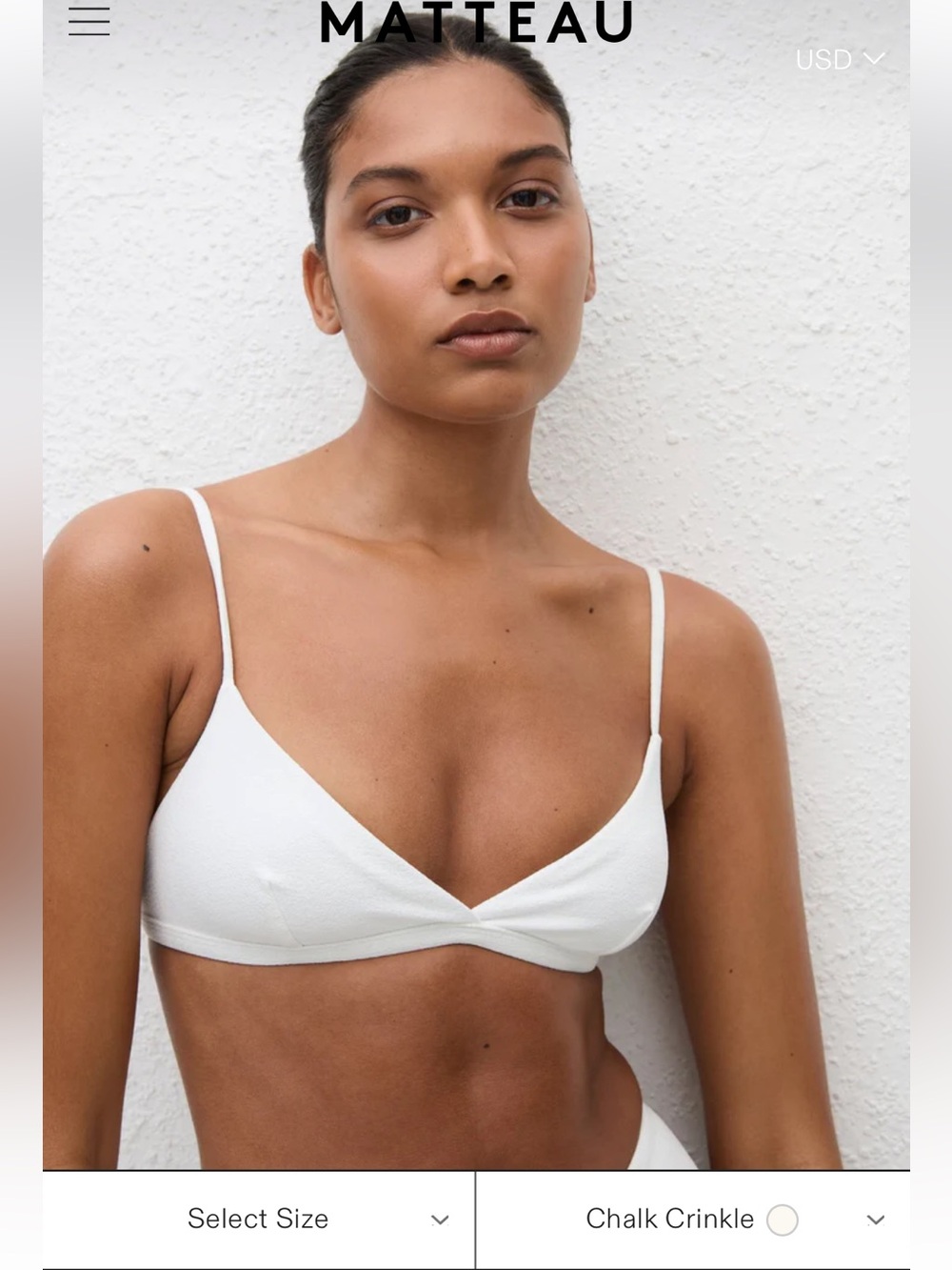 Matteau White Triangle Bikini-Tri Crop Top & High Waisted Brief in Chalk Crinkle
